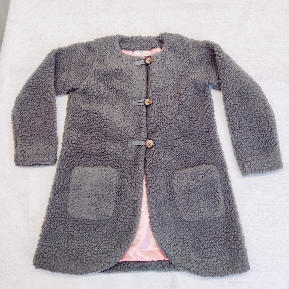 Hanna Andersson Sherpa Teddy Fleece Girls Coat Sz 120 (US 6/7) Gray Pink - Picture 2 of 13